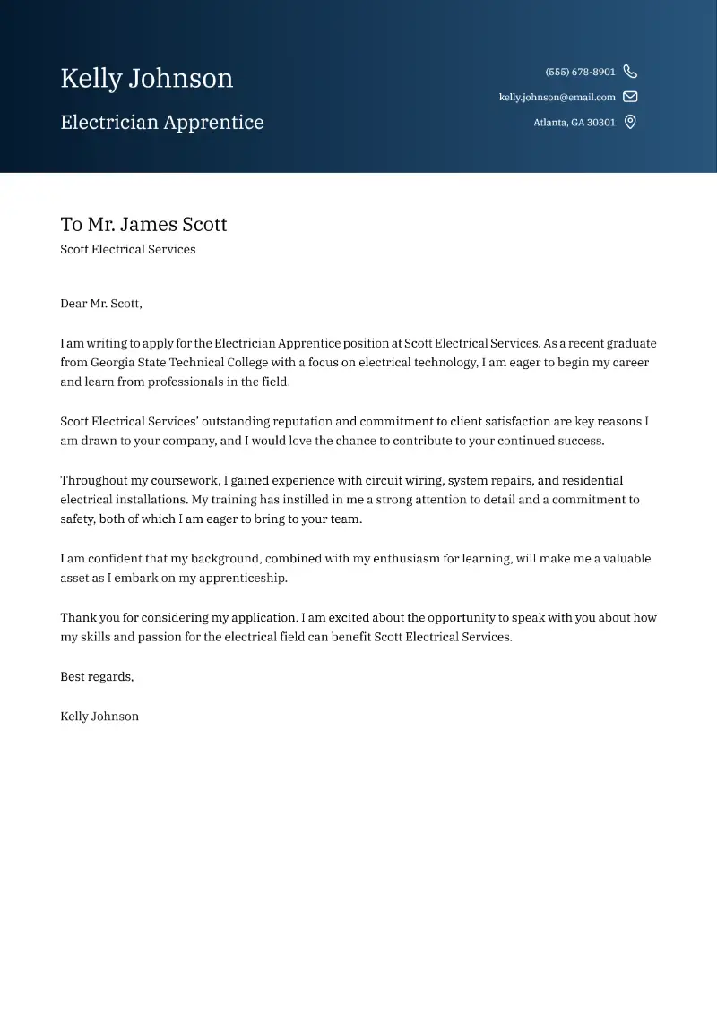 Electrician Apprentice Cover Letter