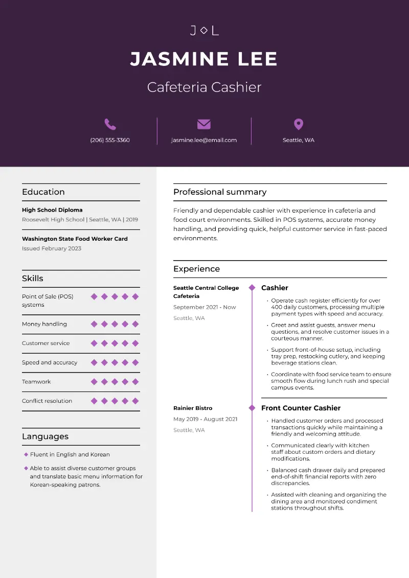 Cafeteria Cashier Resume