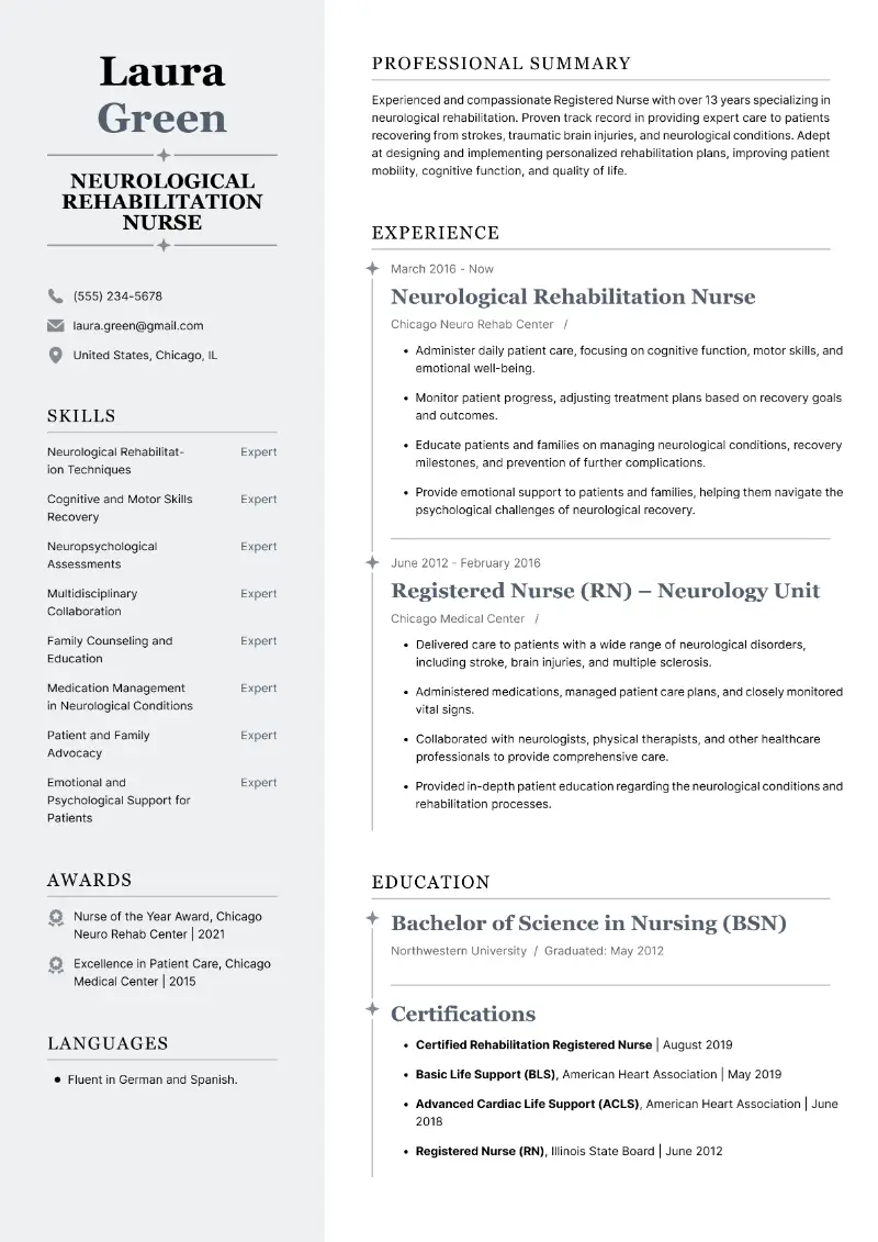 Neurological Rehabilitation Nurse Resume