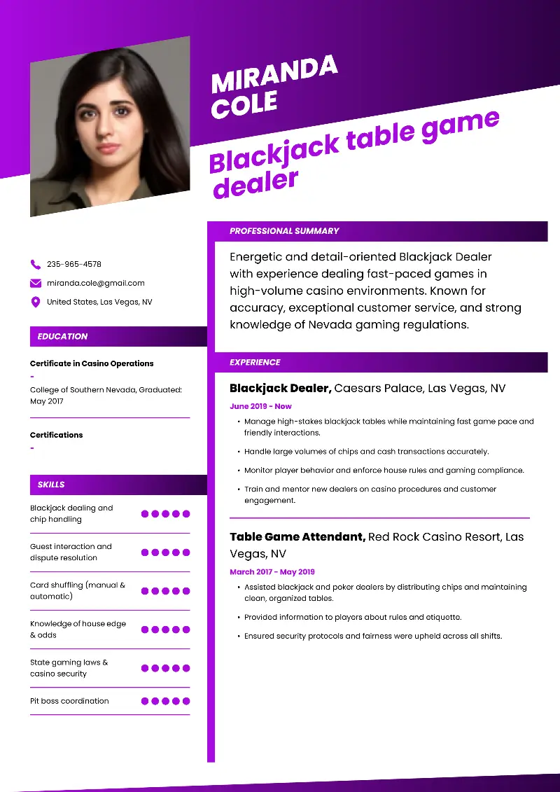 3 Table Game Dealer Resume Examples And Tips for 2025