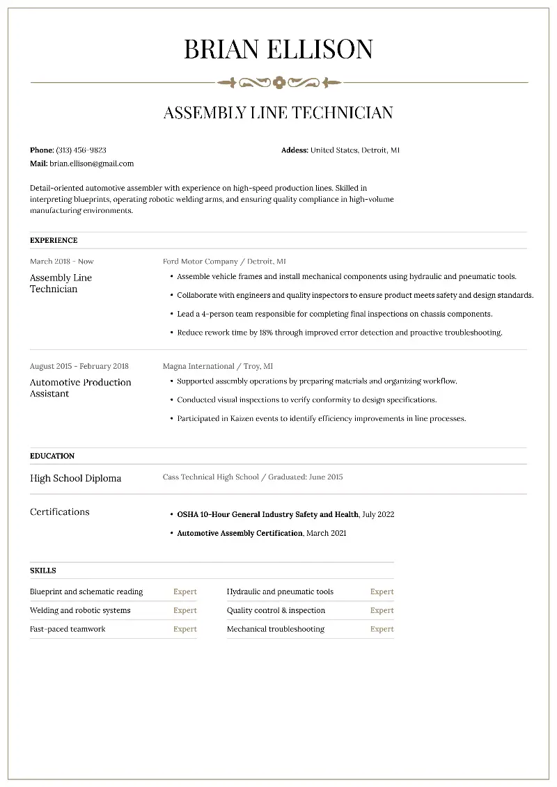 Assembly Line Worker Resume Examples & Templates