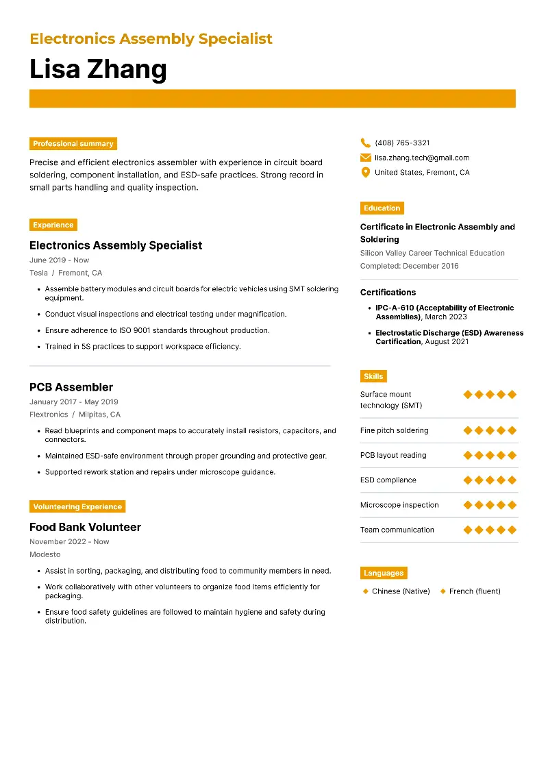 Electronics Assembly Specialist  Resume