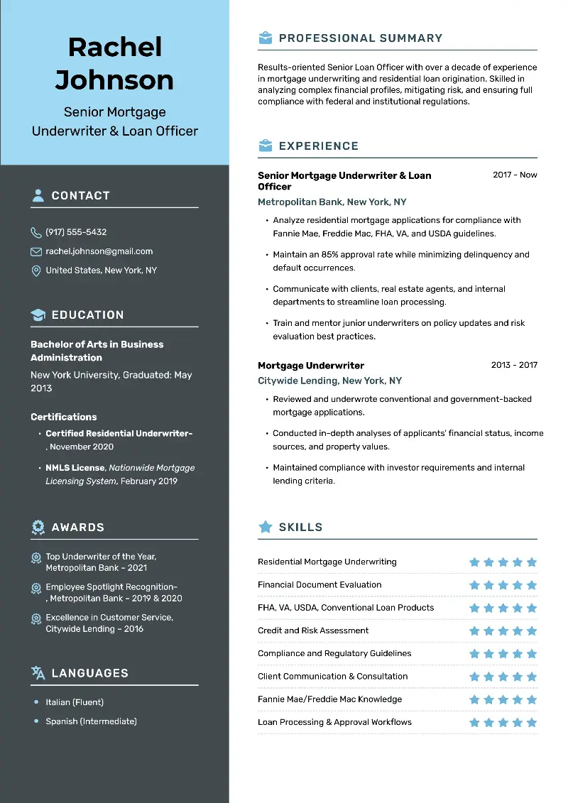 Senior Mortgage Underwriter & Loan Officer Resume