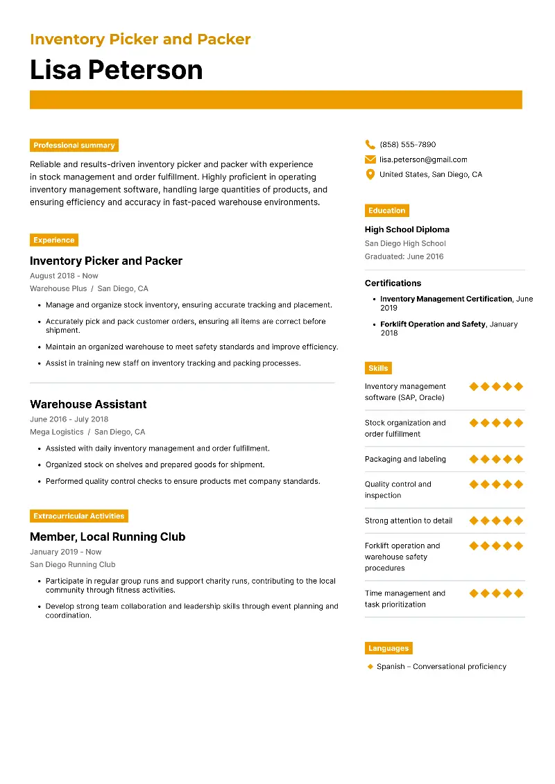 Inventory Picker and Packer Resume