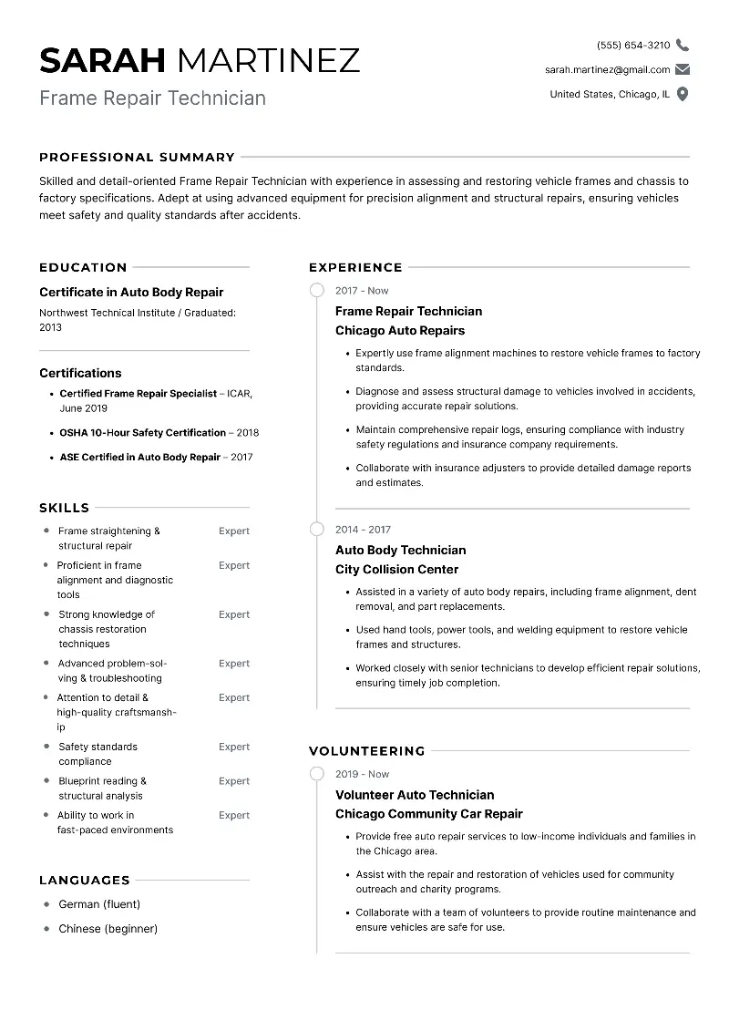 Frame Repair Technician  Resume