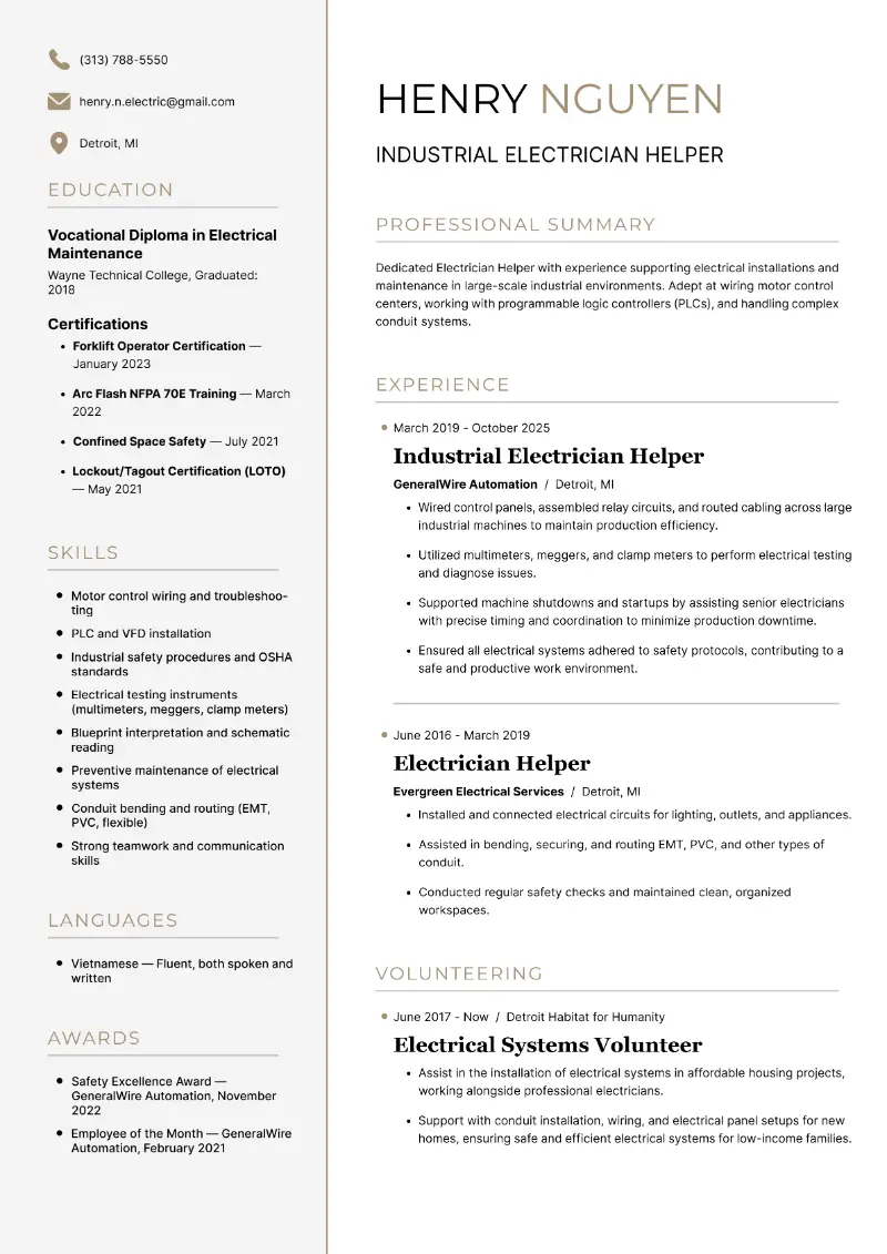 Industrial Electrician Helper  Resume