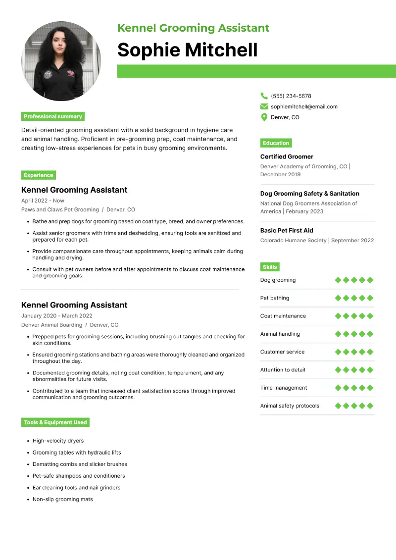 Kennel Grooming Assistant Resume