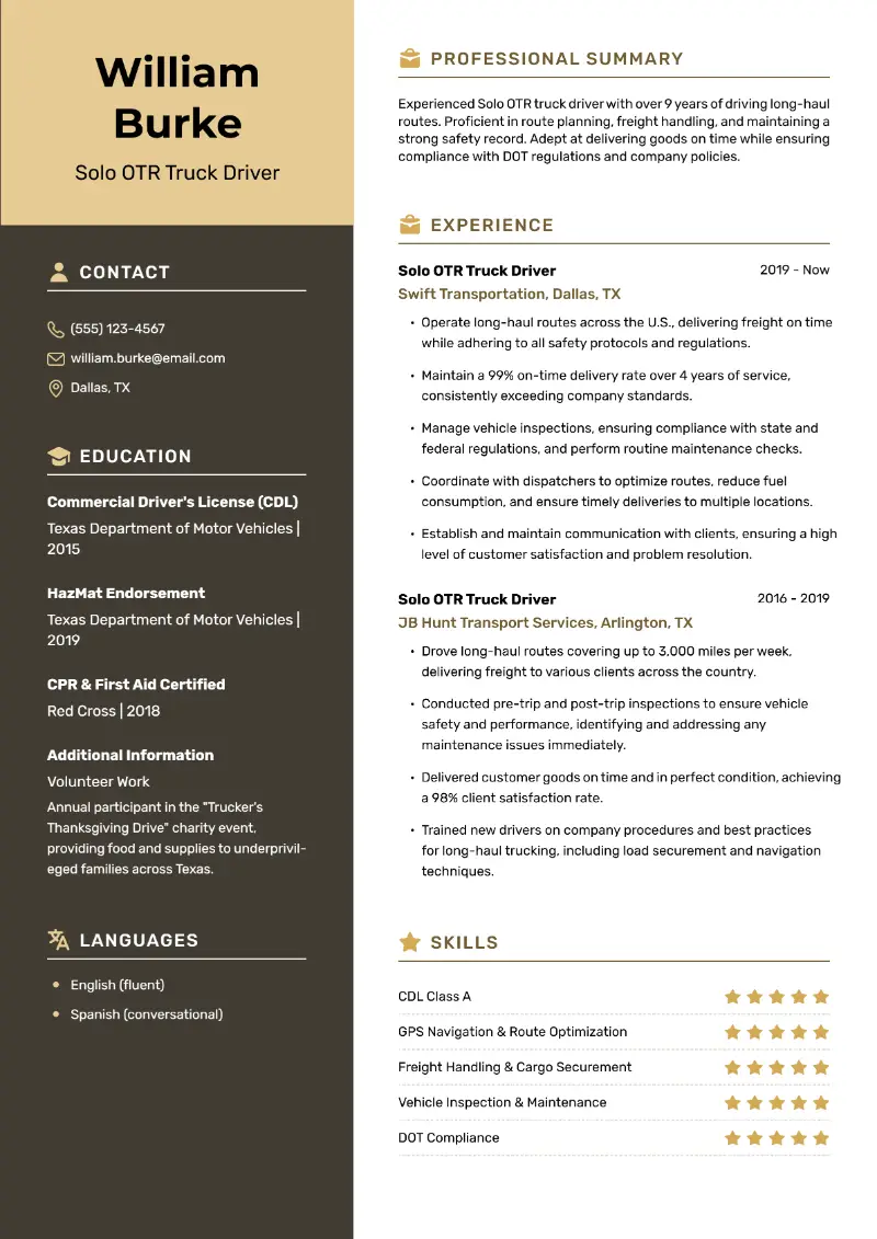 Solo OTR Truck Driver Resume