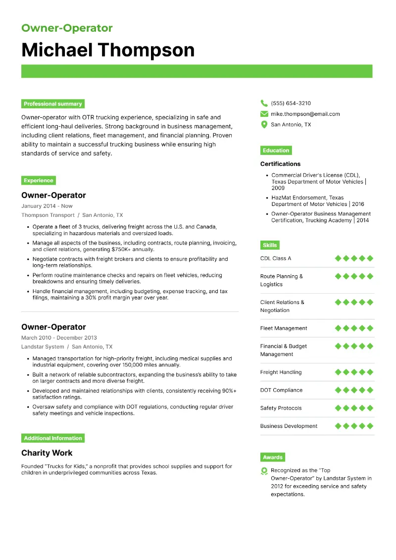 Owner-Operator Resume