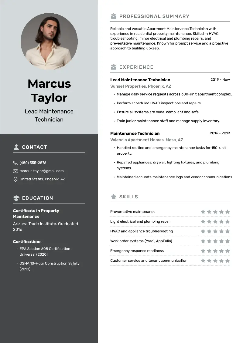 Apartment Maintenance Technician Resume Examples for 2025