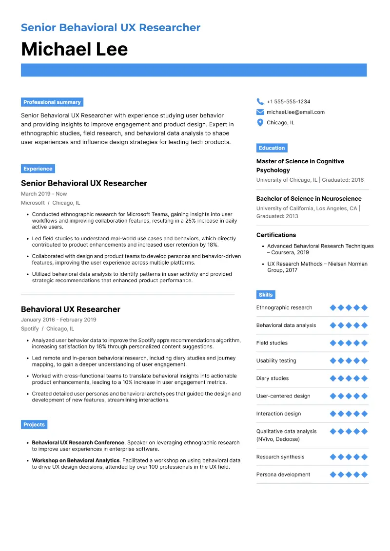 Senior Behavioral UX Researcher Resume