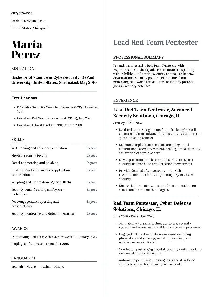 Lead Red Team Pentester  Resume