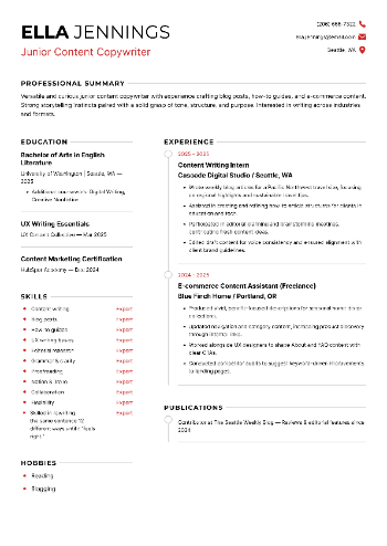 Junior Content Copywriter Resume