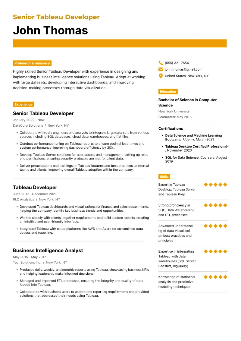 Senior Tableau Developer Resume Examples for 2025