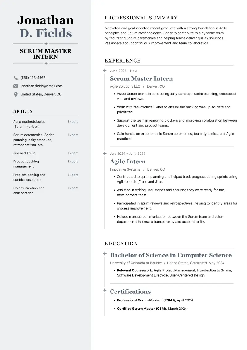 Entry-Level Scrum Master Resume Examples for 2025