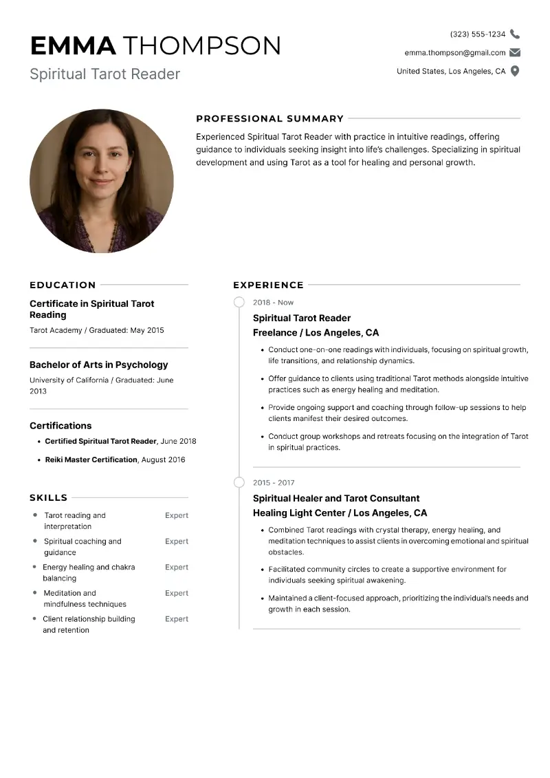 Tarot Reader Resume Examples and Samples for 2025