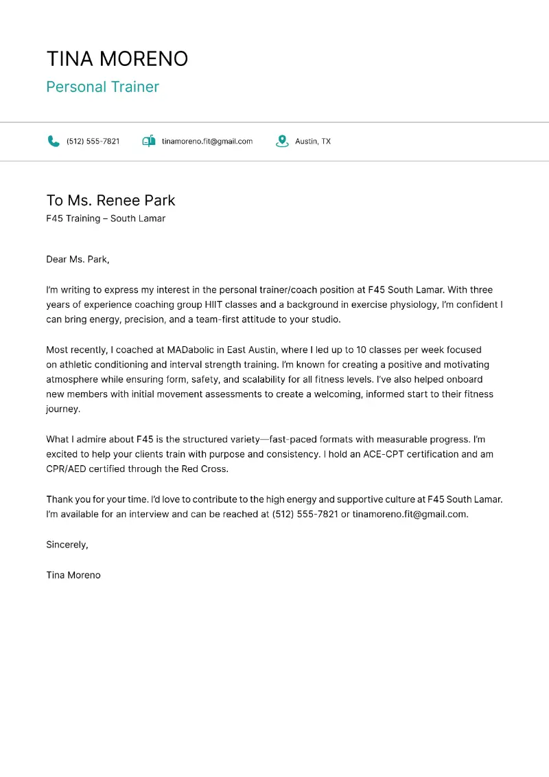 Personal Trainer Cover Letter