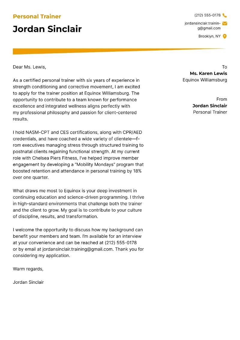 Personal Trainer Cover Letter