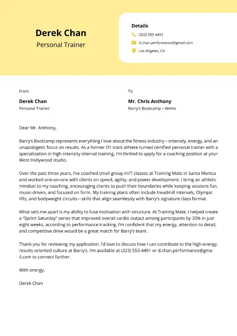 Personal Trainer Cover Letter