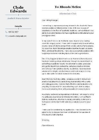 Aesthetic Nurse Injector Cover Letter