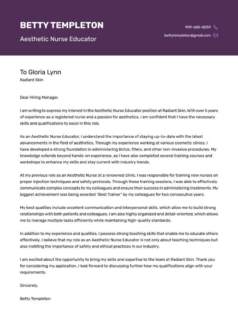 Aesthetic Nurse Educator Cover Letter