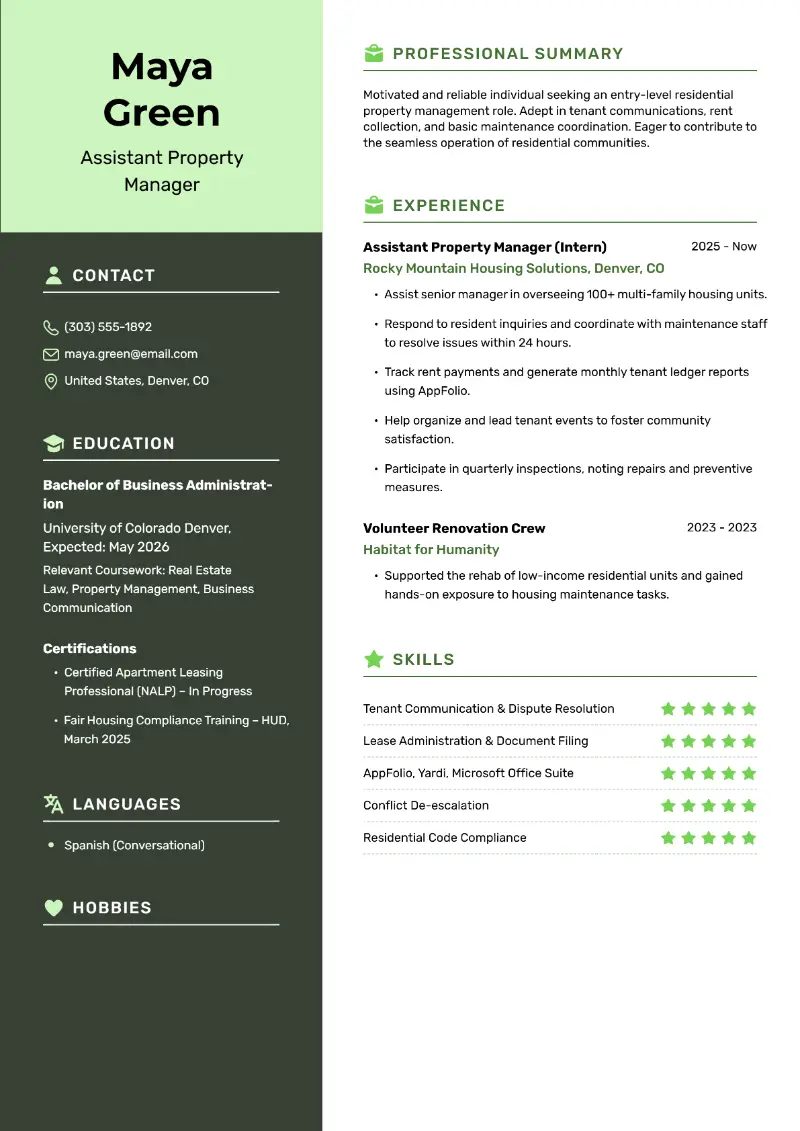 Assistant Property Manager  Resume