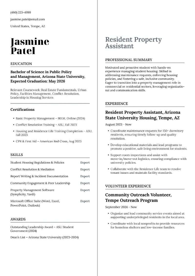 Resident Property Assistant Resume