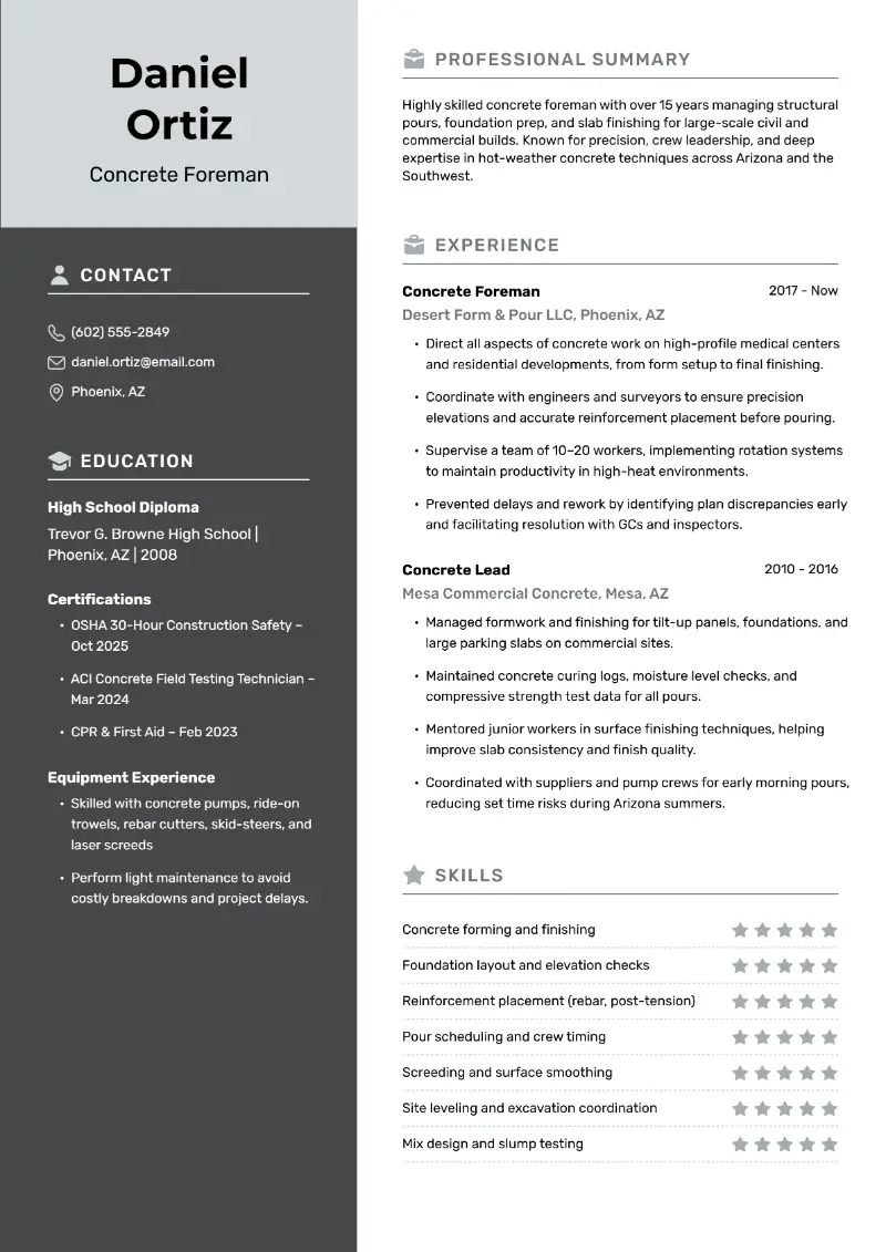Concrete Foreman Resume