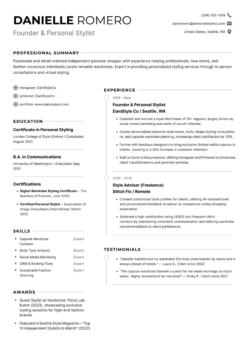 Founder & Personal Stylist Resume