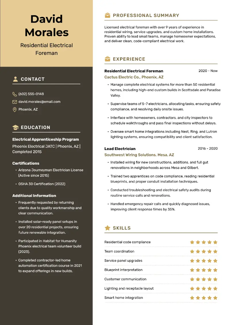 Residential Electrical Foreman Resume