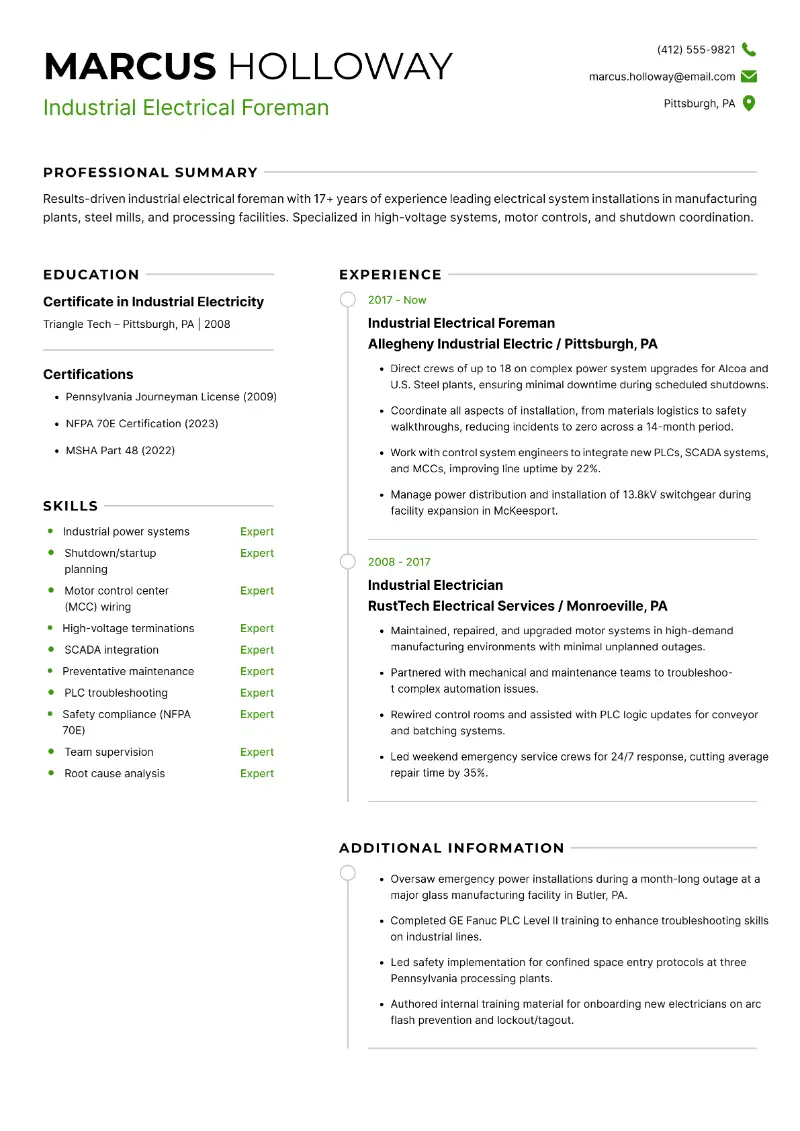 Industrial Electrical Foreman Resume