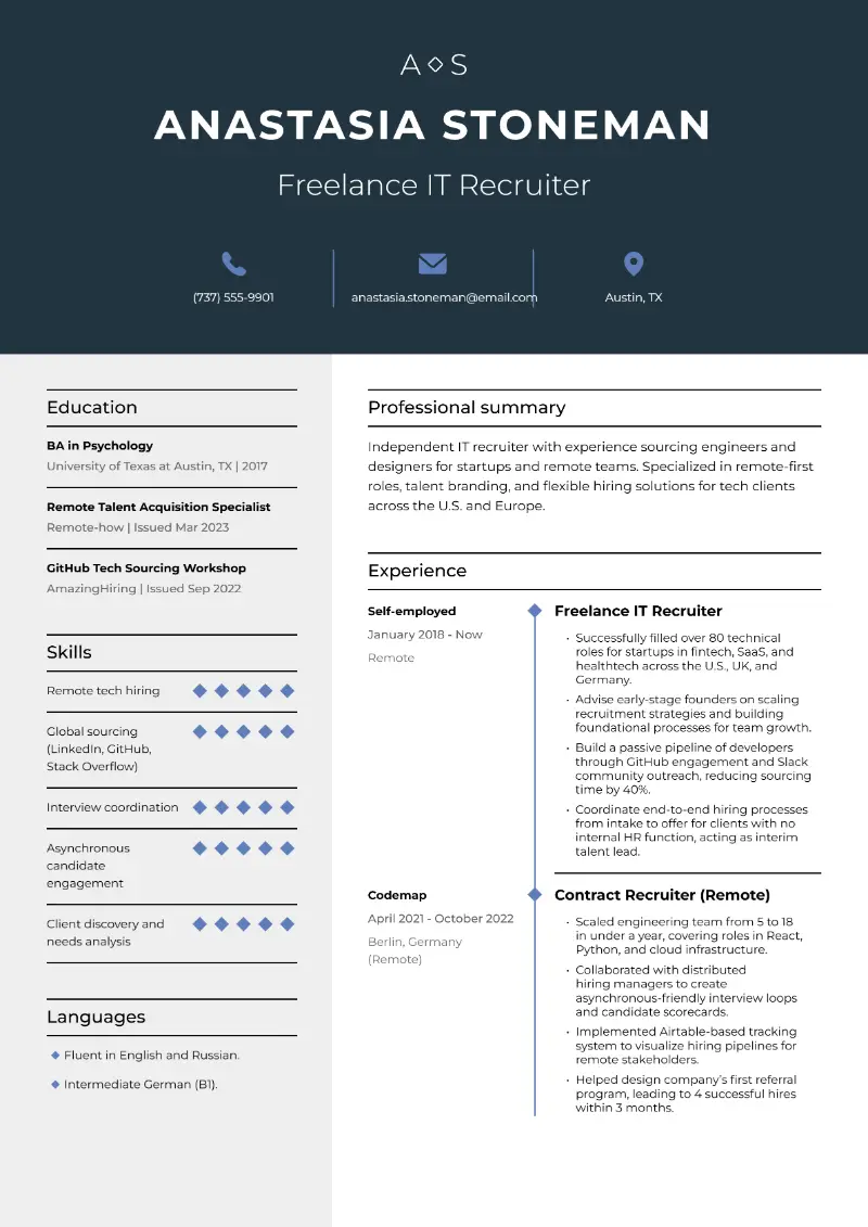 Freelance IT Recruiter Resume