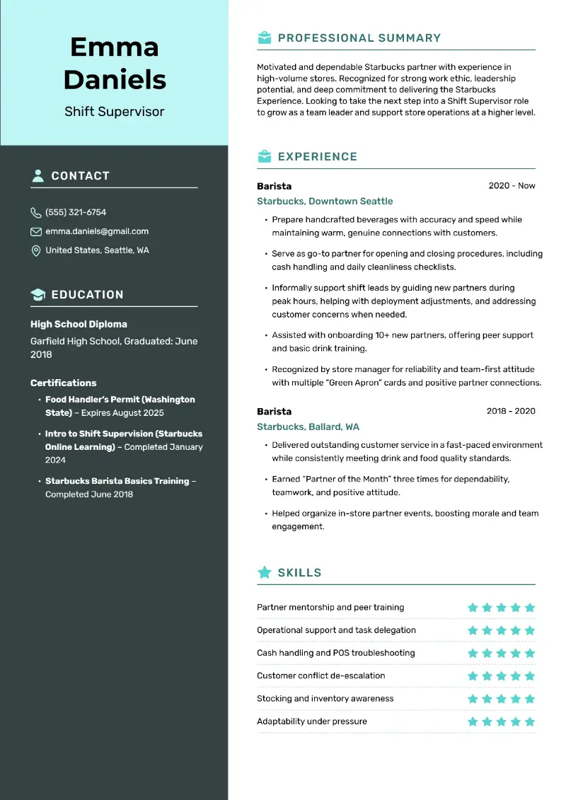 Starbucks Shift Supervisor Resume Examples and Tips for 2025