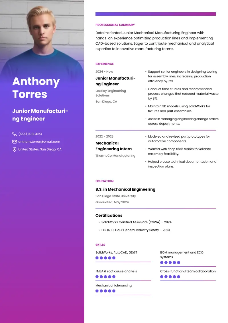 Junior Manufacturing Engineer Resume Examples and Guide 