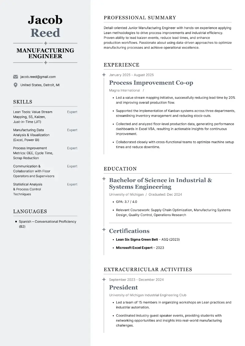 Manufacturing Engineer Resume