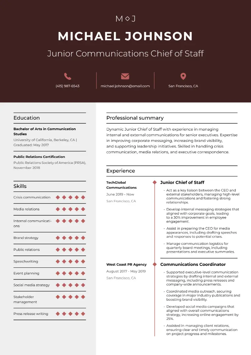 Junior Communications Chief of Staff Resume