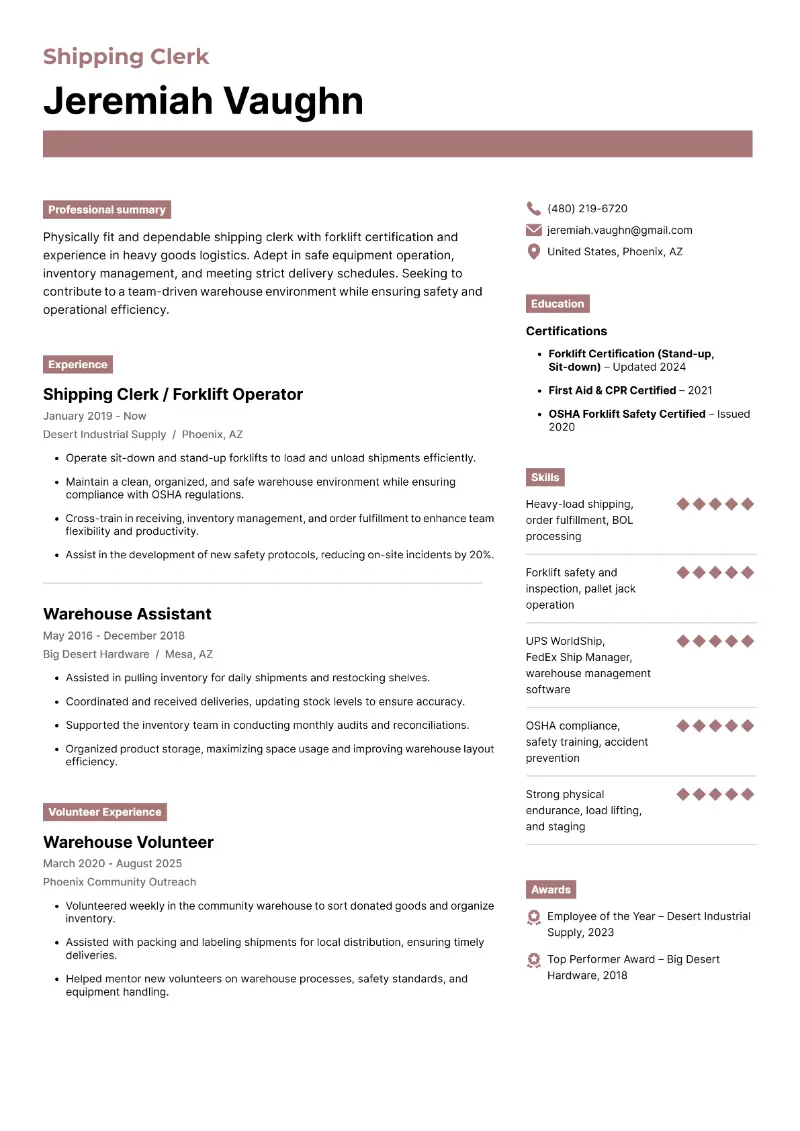 Shipping Clerk Resume