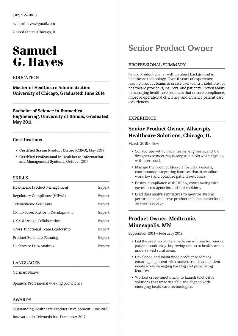 Senior Product Owner Resume