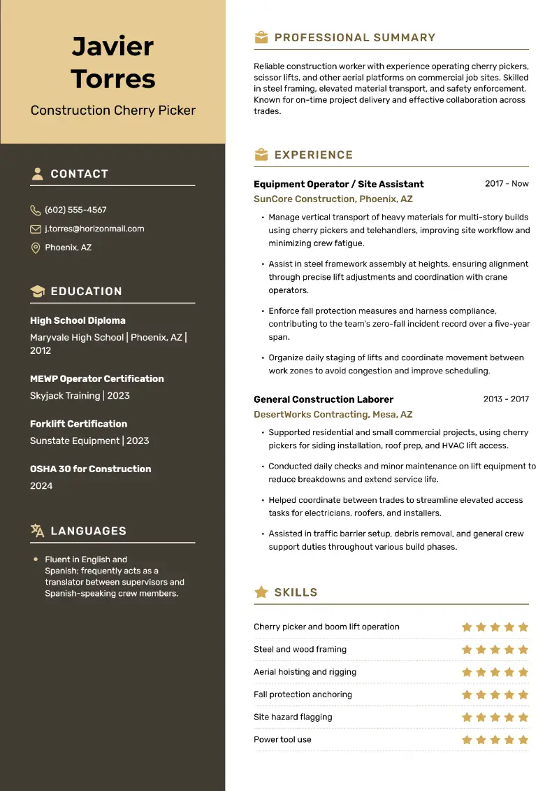 Construction Cherry Picker Resume