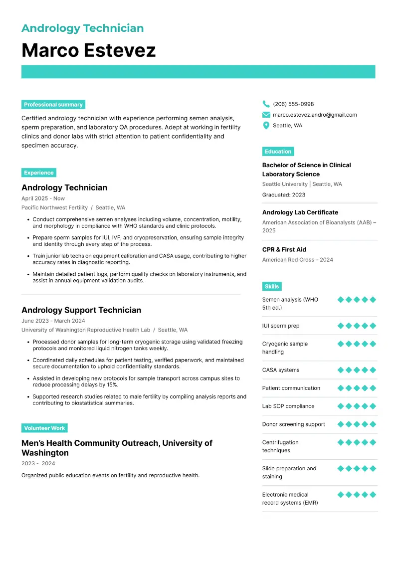 Andrology Technician Resume
