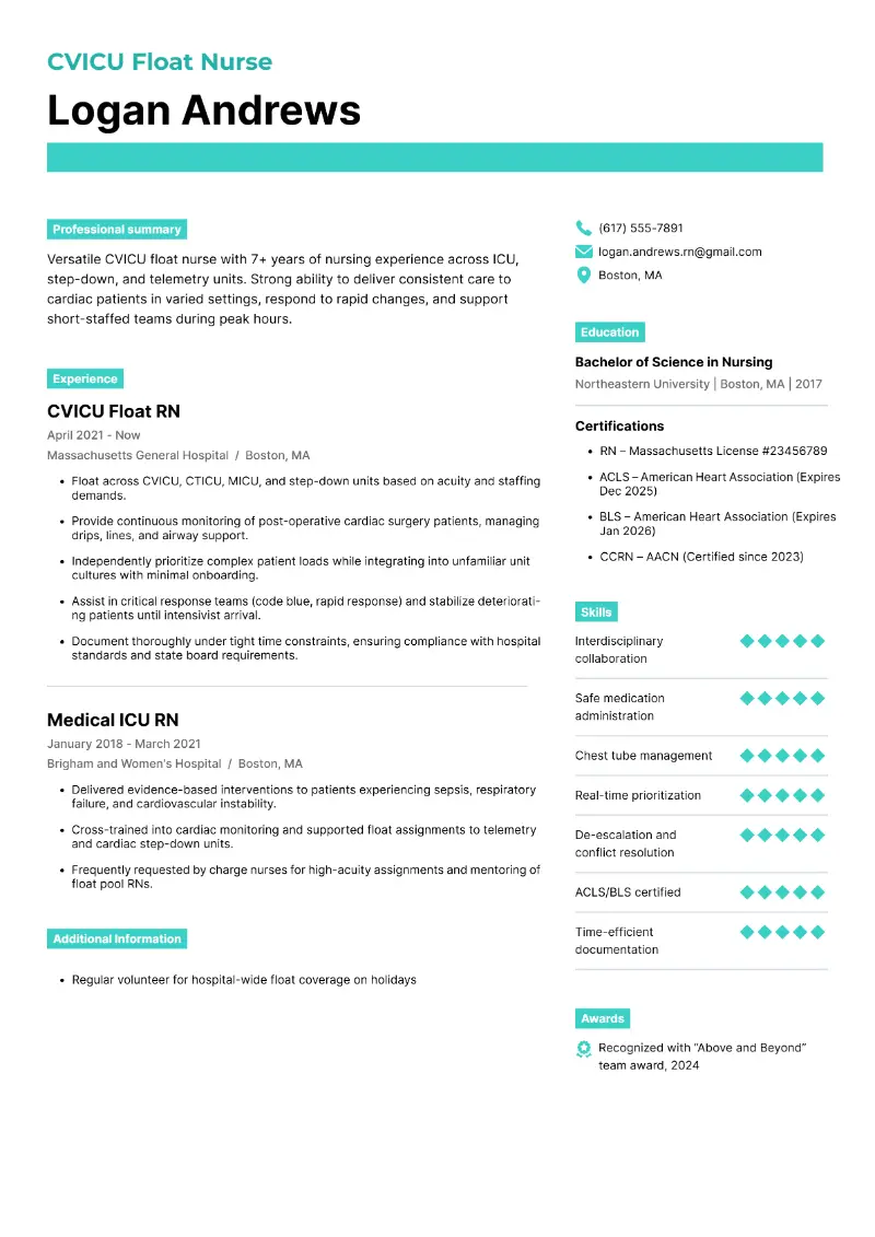 CVICU Float Nurse Resume