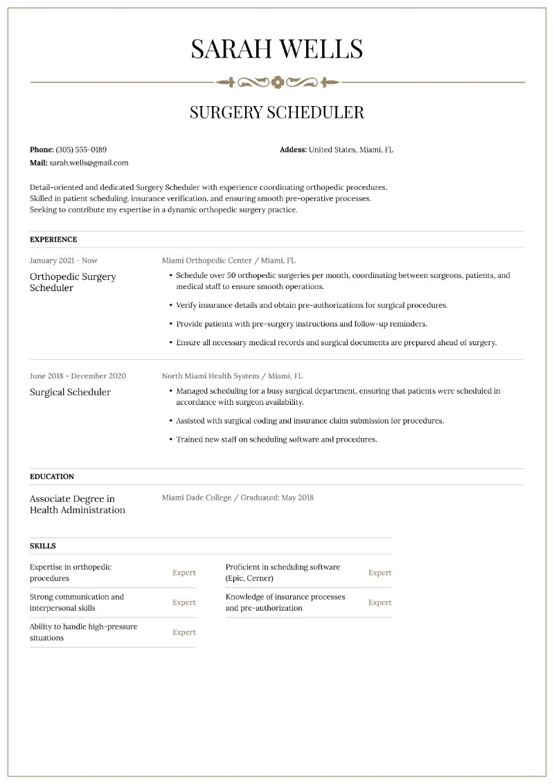 Professional Surgery Scheduler Resume Examples for 2025