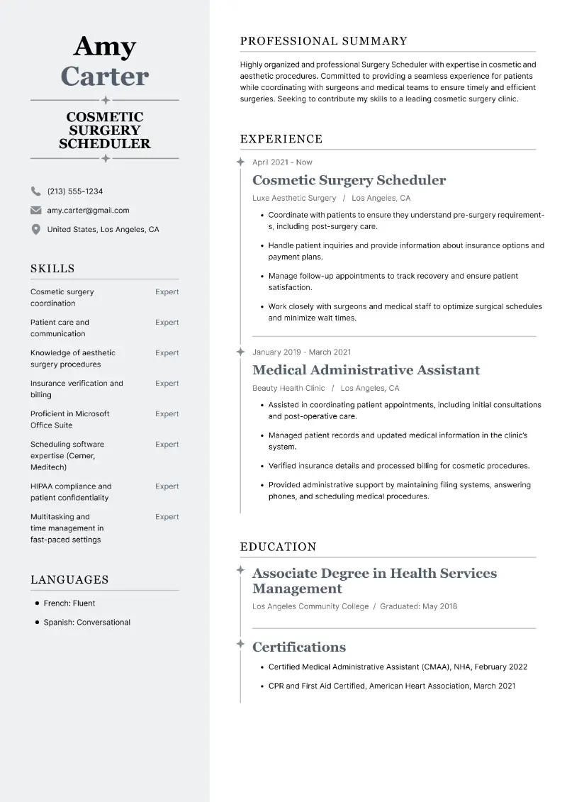 Cosmetic Surgery Scheduler Resume