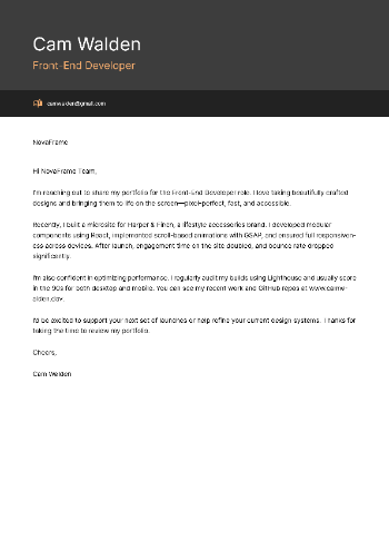 Front-End Developer  Cover Letter