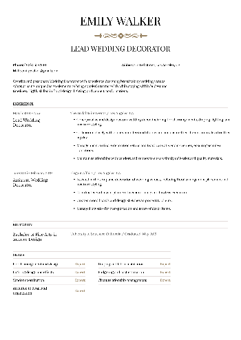 Lead Wedding Decorator Resume Lead Wedding Decorator Resume