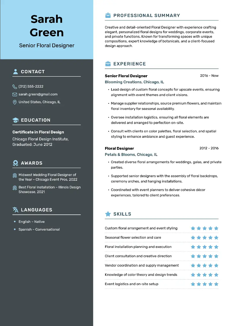 Senior Floral Designer Resume
