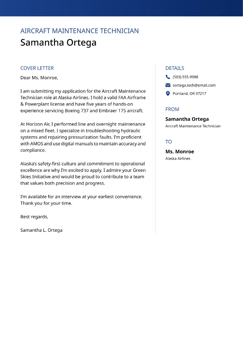 Aircraft Maintenance Technician Cover Letter