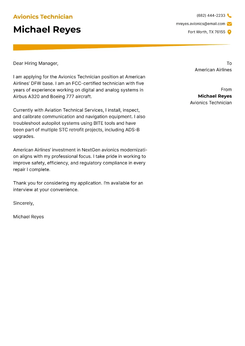 Avionics Technician Cover Letter
