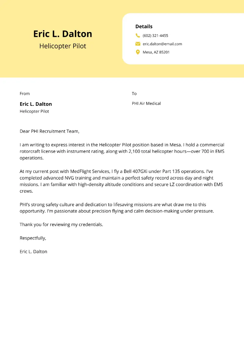 Helicopter Pilot Cover Letter