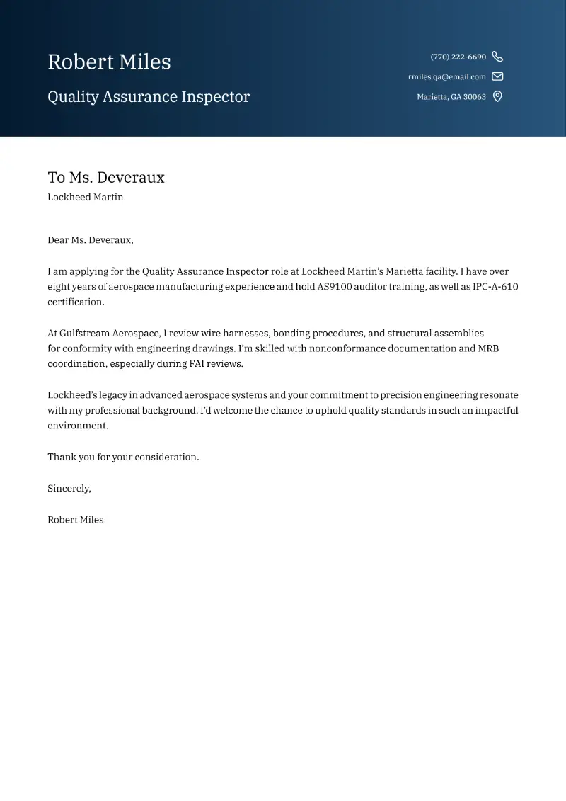 Quality Assurance Inspector Cover Letter